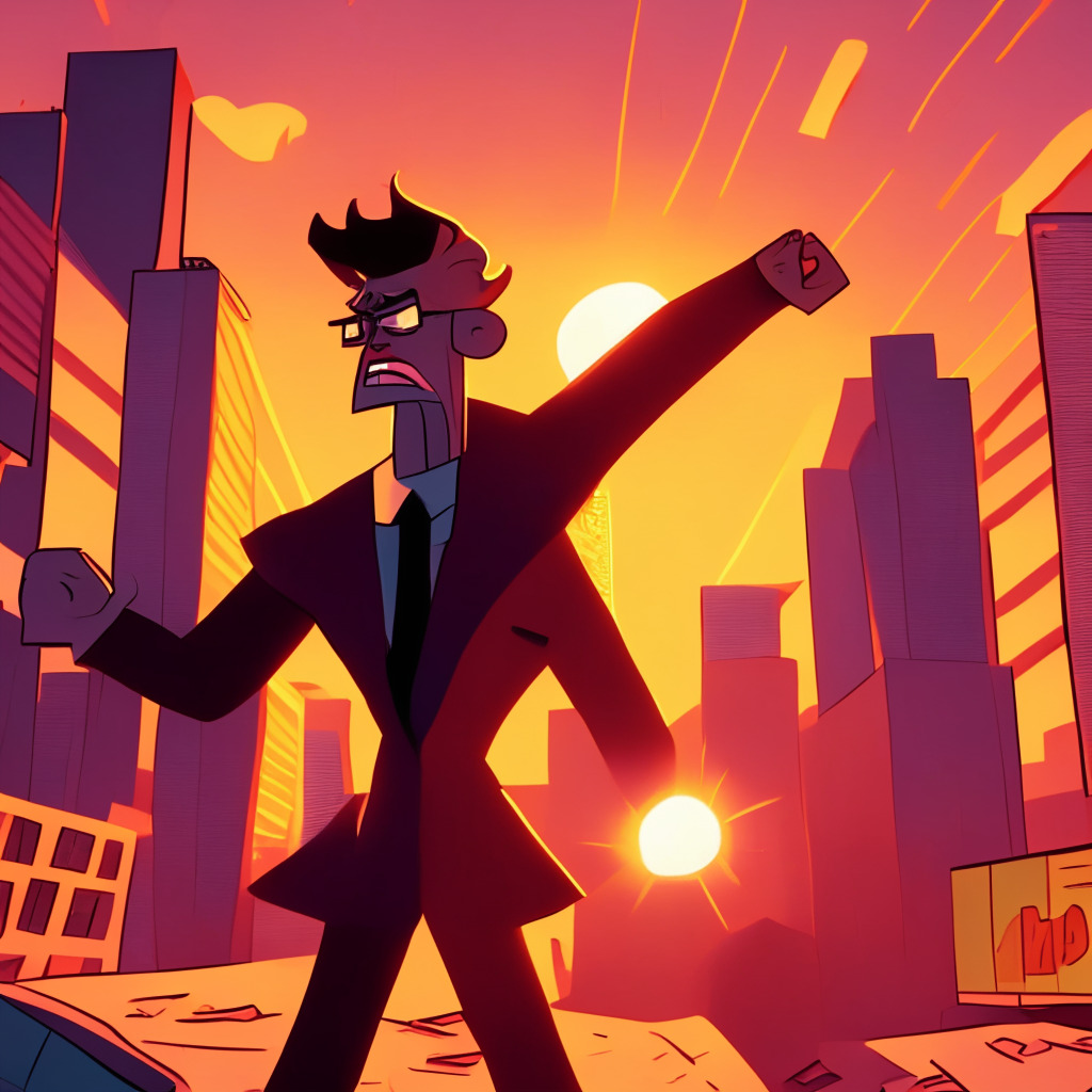 A comedic animated scene set during sunset, a character resembling a CEO in the midst of a grand, somewhat chaotic digital city which represents a popular cryptocurrency exchange. Dynamic lighting, satirical style, foreboding shadows suggesting a downfall. Mood is energetic, humorous, critique-laden with a finale of unexpected fortune.