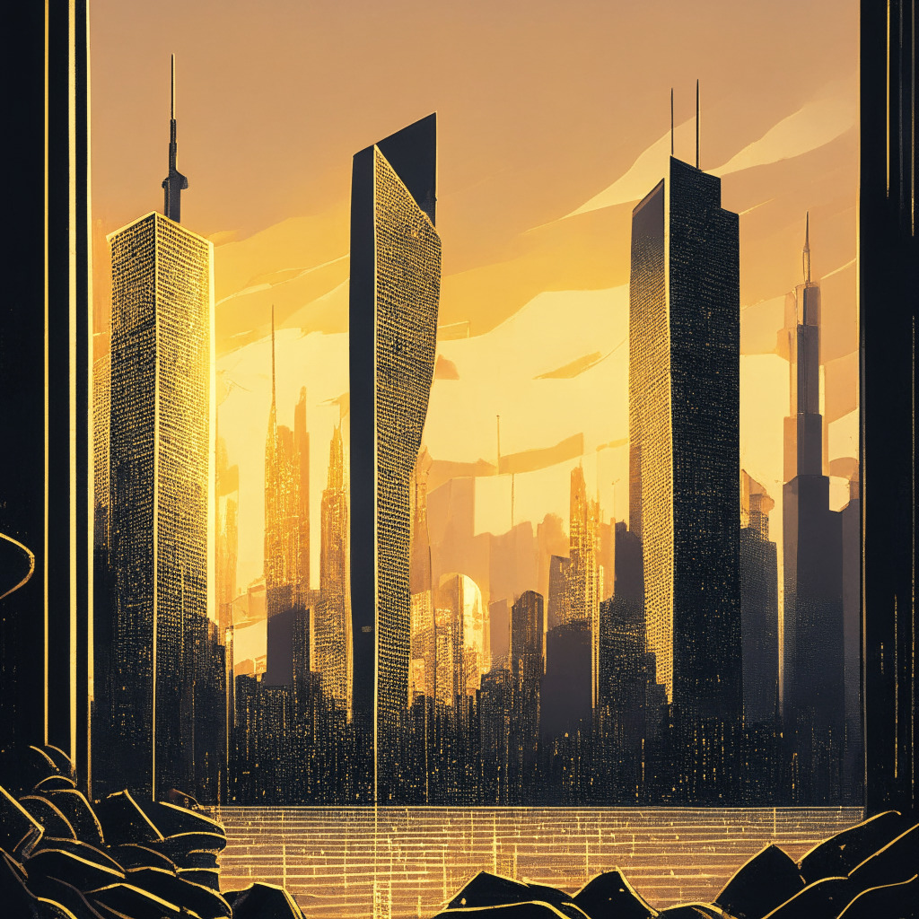 A scene set in a prosperous city at dusk, dominated by towering, gleaming skyscrapers representing the rise of MicroStrategy. In the backdrop, the looming, majestic shape of Bitcoin symbolizes the impending halving event. Traces of caution flags contoured by the threat of crypto-drainers subtly adorn the scenery. A palette of gold and dark hues to create an air of expectancy, optimism mixed with caution.