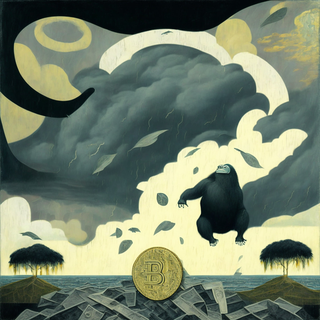 An abstract financial landscape, painted in the delicate style of the old masters. Foreground dominated by an ape, its desperate grip holding the image of a coin marked with 'APE' as it falls, creating a double-bottomed pattern in the stormy skies. Brightness in the distance, representing a 10% growth, infuses the scene with hope. A dove with an olive branch marked with 'BTC 20', introduces the promise of a greener future and passive income. The entire image appears on an antique parchment representing longevity. The light setting is a dramatic contrast, illustrating the risky high-stakes atmosphere of the crypto world.
