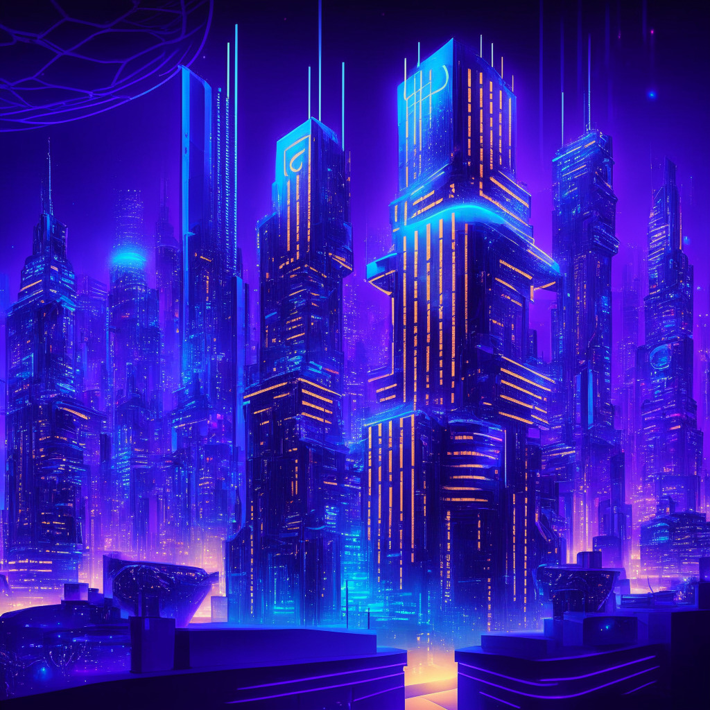 A vibrant, futuristic cityscape lit by gleaming neon lights in cobalt blue and electric purple hues, signaling a significant technological transformation. At the center, a minutely-detailed digital building, symbolizing a blockchain network, radiates soft golden light, indicating a monumental upgrade. Dominating the scene is a massive vote button, illuminating the democratic process in the blockchain world. Entwined around the city, cryptic lines of code in emerald green, embodying the intricate mechanisms of this digital ecosystem. On the periphery, varying-sized glowing orbs embody the diverse fungible assets, like tokenized securities and virtual real estate. Hovering above, an opalescent cloud subtly signifies cloud backups and node restoration. In contrast, an hourglass with trickling, shiny particles represents the potential reduction in staking rewards. The image is permeated by an air of excitement and tension, mirroring the dual anticipation and concern surrounding the blockchain upgrade.