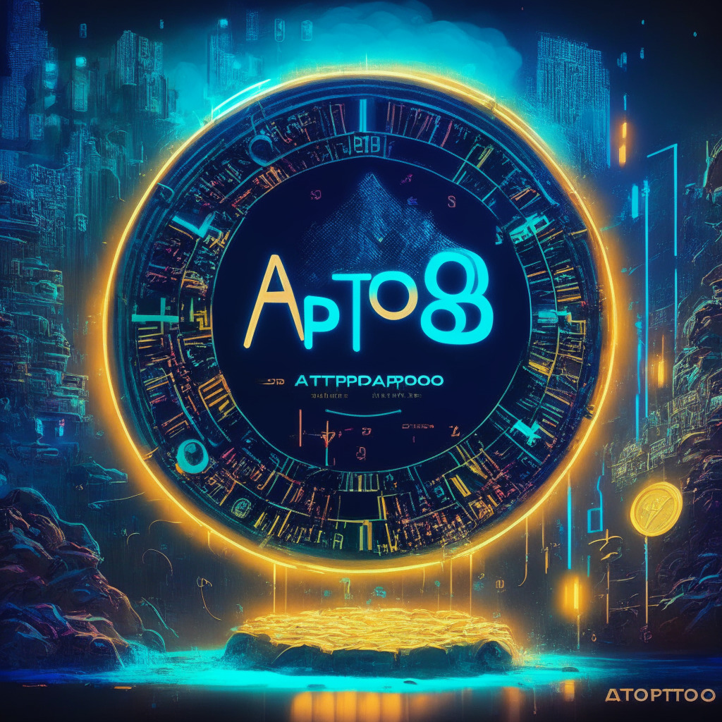A vibrant scene representing the bullish surge of Aptos cryptocurrency. Stylistically inspired by futuristic art, featuring a huge growing, glowing digital coin with 'Aptos' inscription. Market trends with upward arrows signify the uptrend. Subtle light sources build a dramatic, anticipatory atmosphere. In one corner, a digital clock counting down signals a token presale, the hard-edged Thug Life Token poised to explode in growth, creating an overall atmosphere of suspense and excitement.