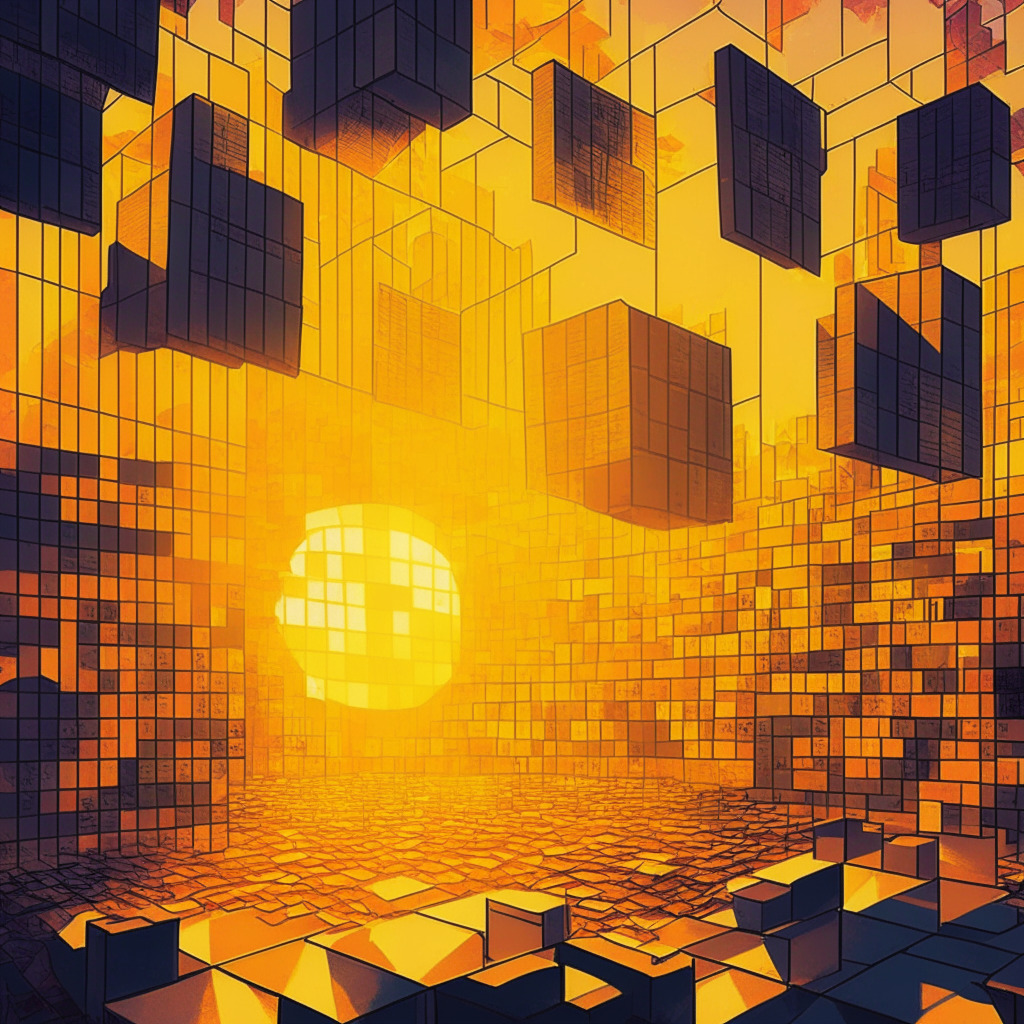 An Argentinean stock exchange stepping into blockchain era under the golden hue of a setting sun, a dense grid of computer code transitioning into bit coins, showing the volatile nature of the crypto market. Mood is cautious optimism, bold and simultaneously bated, in the structure of cubist art style.
