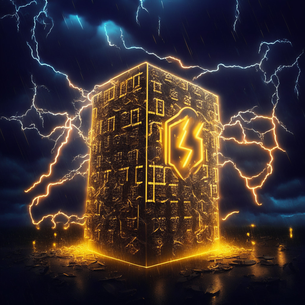 An exaggerated golden safe glowing with neon digits displaying '100 million', intricately engraved with diverse monetary symbols. Background of a futuristic blockchain lattice under a dark stormy sky, accentuating tension and daring, encapsulating the volatile yet thriving world of DeFi and crypto space. Scene illuminated by occasional piercing bolts of lightning, providing a sense of dramatic energy and obscure possibilities.