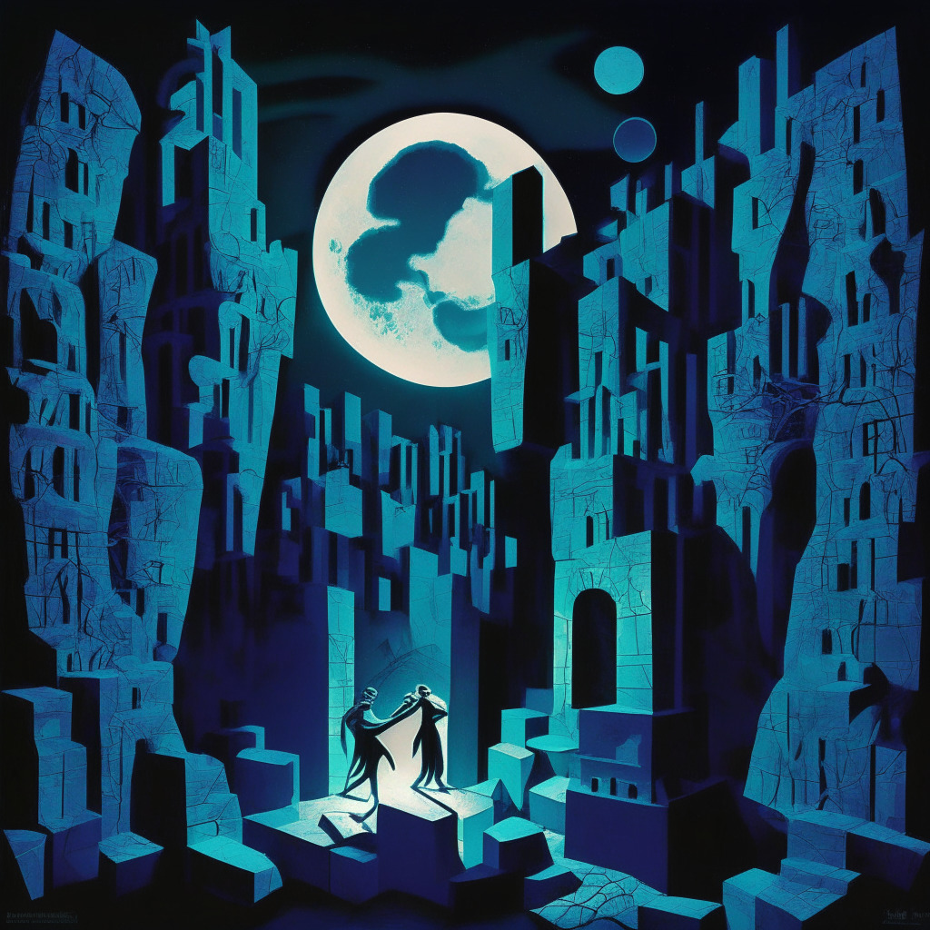 Surrealistic night scene, rich, contrasting colors, digital stonework representing two burgeoning tech fortresses, gently lit by soft moonlight, shadows hinting growth and expansion. Figures depicting investment exchange move from one fortress to other, embodying financial shift, dynamic movement. Air of anticipation, excitement spreading across scene.