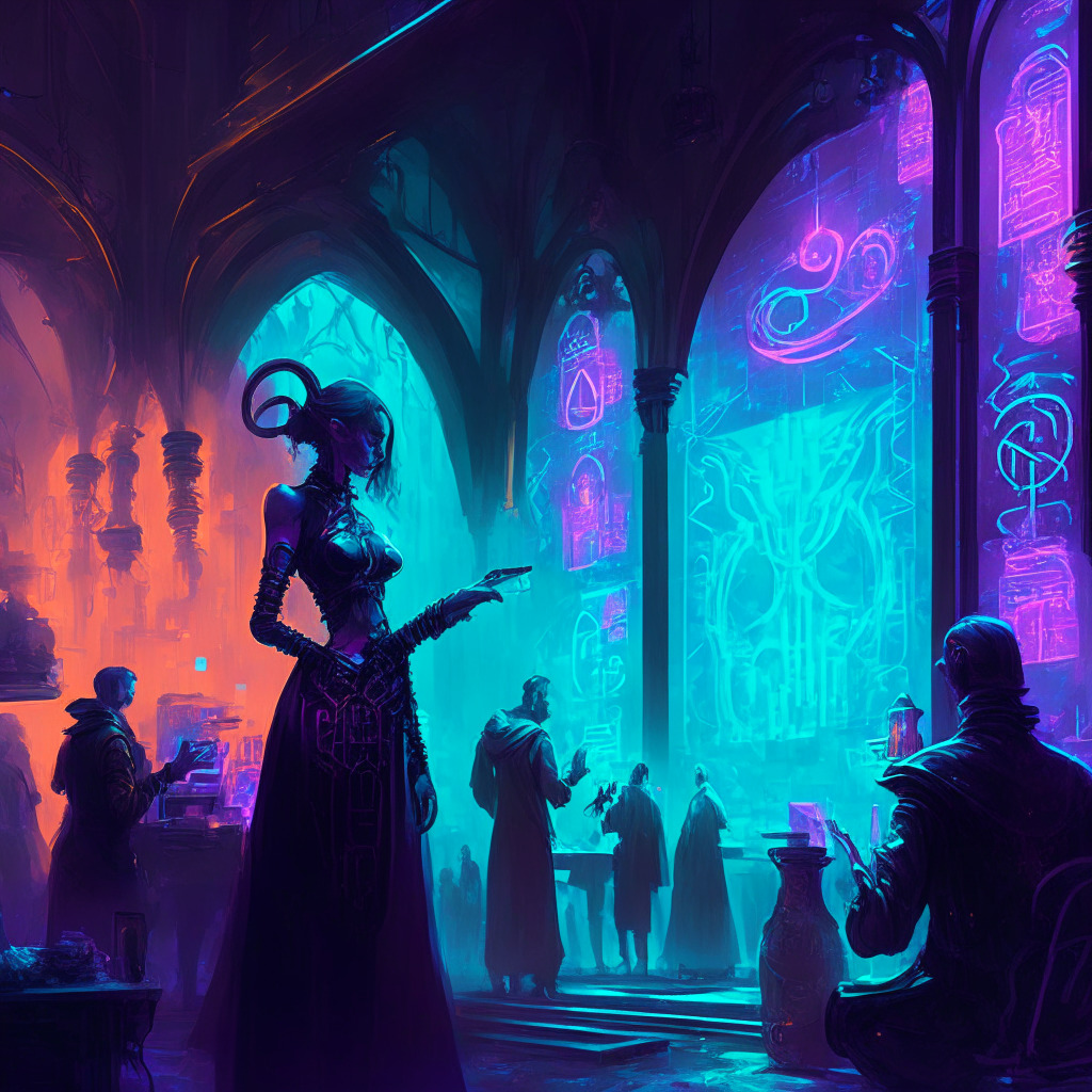 Neo-gothic cybernetic scene of a bustling virtual marketplace, lit by a blend of soft, ethereal and neon lights painting a striking contrast. Vivid users exchange cryptic symbols, representing bounty intelligence for glowing tokens. A shady figure in the background implies intrigue, feeding the mood of mystery and controversy. Style: A visual fusion of cryptocurrency symbolism and art nouveau.