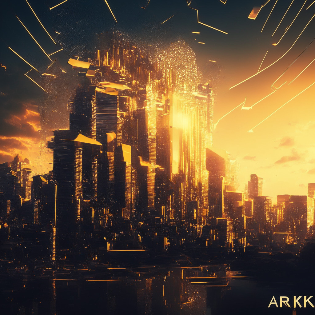 An abstract cyber-cityscape during the golden hour, bustling with holographic tokens, representing the dramatic rise of ARKM. Mention of intel-to-earn wrapping as a translucent intrigue-filled veil, casting shadows of apprehension. An illusion of a 'gaffe' forms dark foreboding clouds at the horizon. Infuse a surrealist style to reflect the potential and predicament of the crypto story.