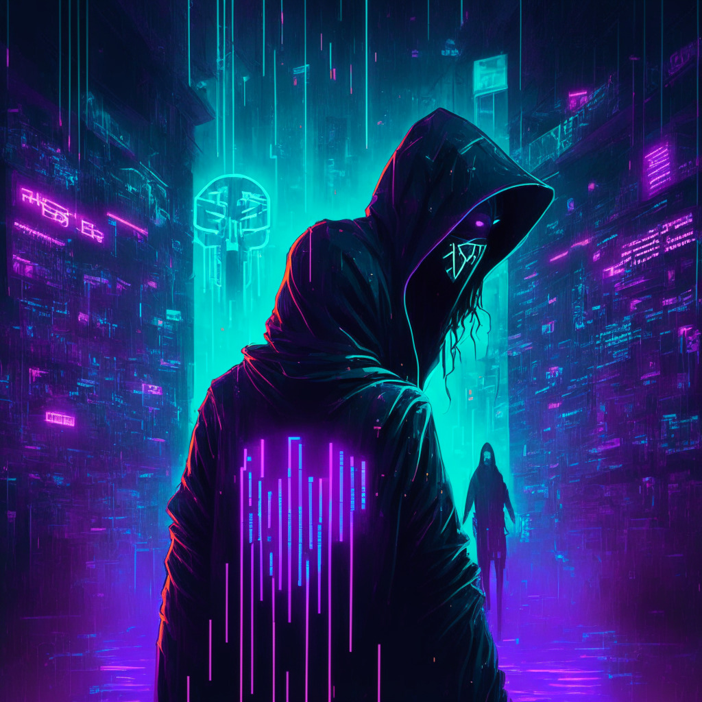 Gloomy cyberpunk scene bathed in neon lights, a masked figure revealing identities on a blockchain network, monetary reward symbol indicating a bounty program. Convey a tense atmosphere, evoking a sense of betrayal to the concept of privacy. Include abstract representations of cryptocurrencies, Bitcoin and Ethereum, tapping into a sense of peril and controversy.