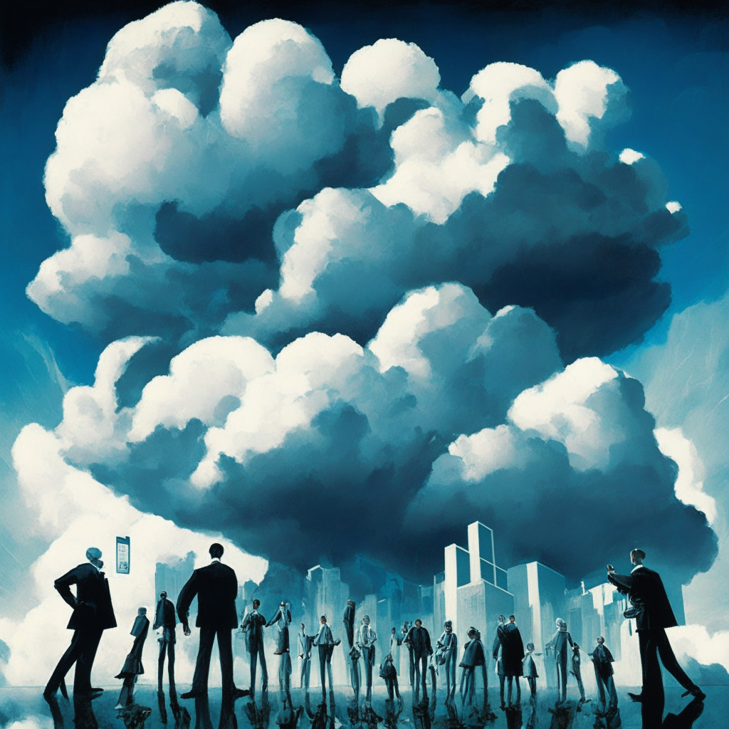 A grand, towering scene representing the global financial markets in an impressionist style. Massive clouds symbolising AI technology loom ominously, casting shadows over the market scene below, indicating potential disruption. Figures on the ground, representing stakeholders and regulators, examine the clouds with a mix of curiosity, fear, and anticipation, some holding scales to signify the balance that needs to be struck. The light in the scene is reflected from the shiny buildings, generating a cool, silver-grey hue, creating an atmosphere of suspense and unease.