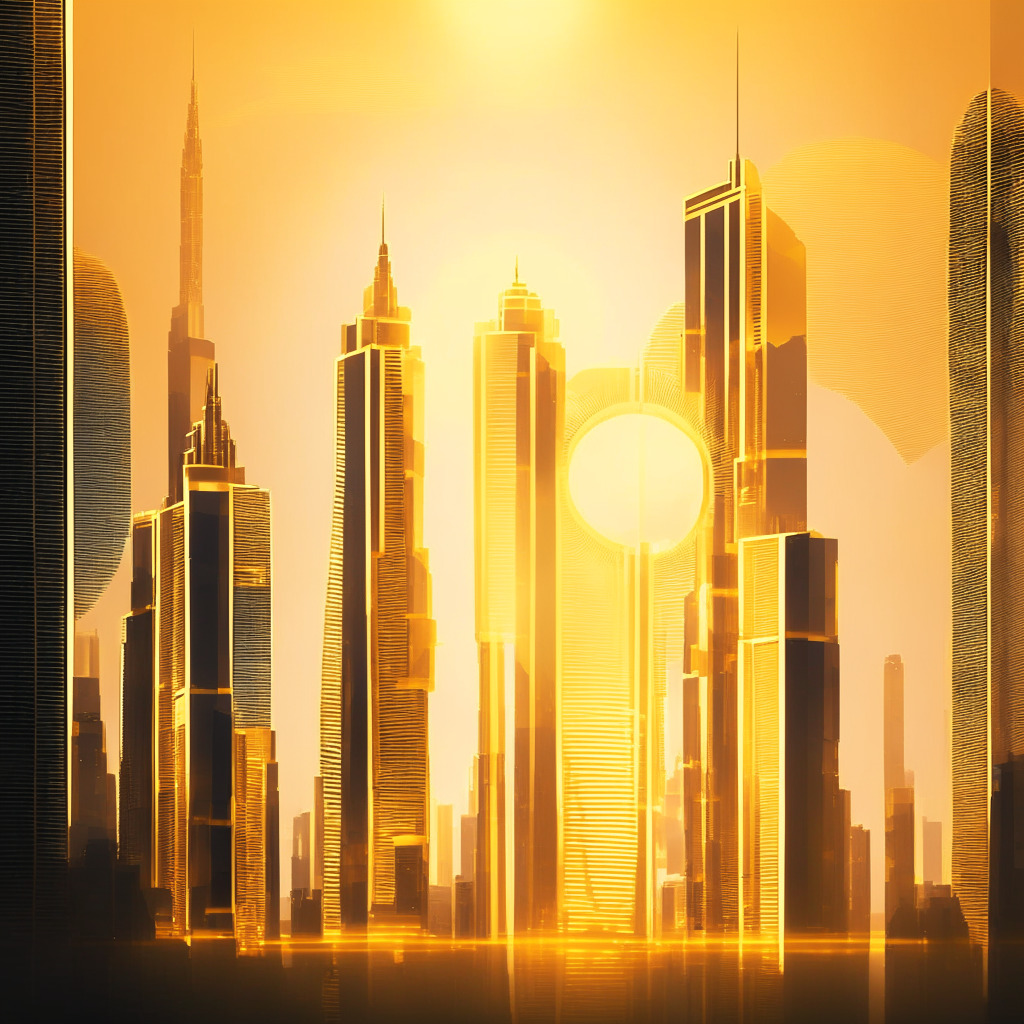 Early morning light in futuristic Singapore cityscape, highlighting its lofty skyscrapers with the shimmer of sunlit golden hues. In the backdrop, a digital interface showcasing a stylized yuan symbol transitioning into pixelated form, representing the evolution from physical to digital currency. The atmosphere is hopeful, tinged with subtle uncertainty.