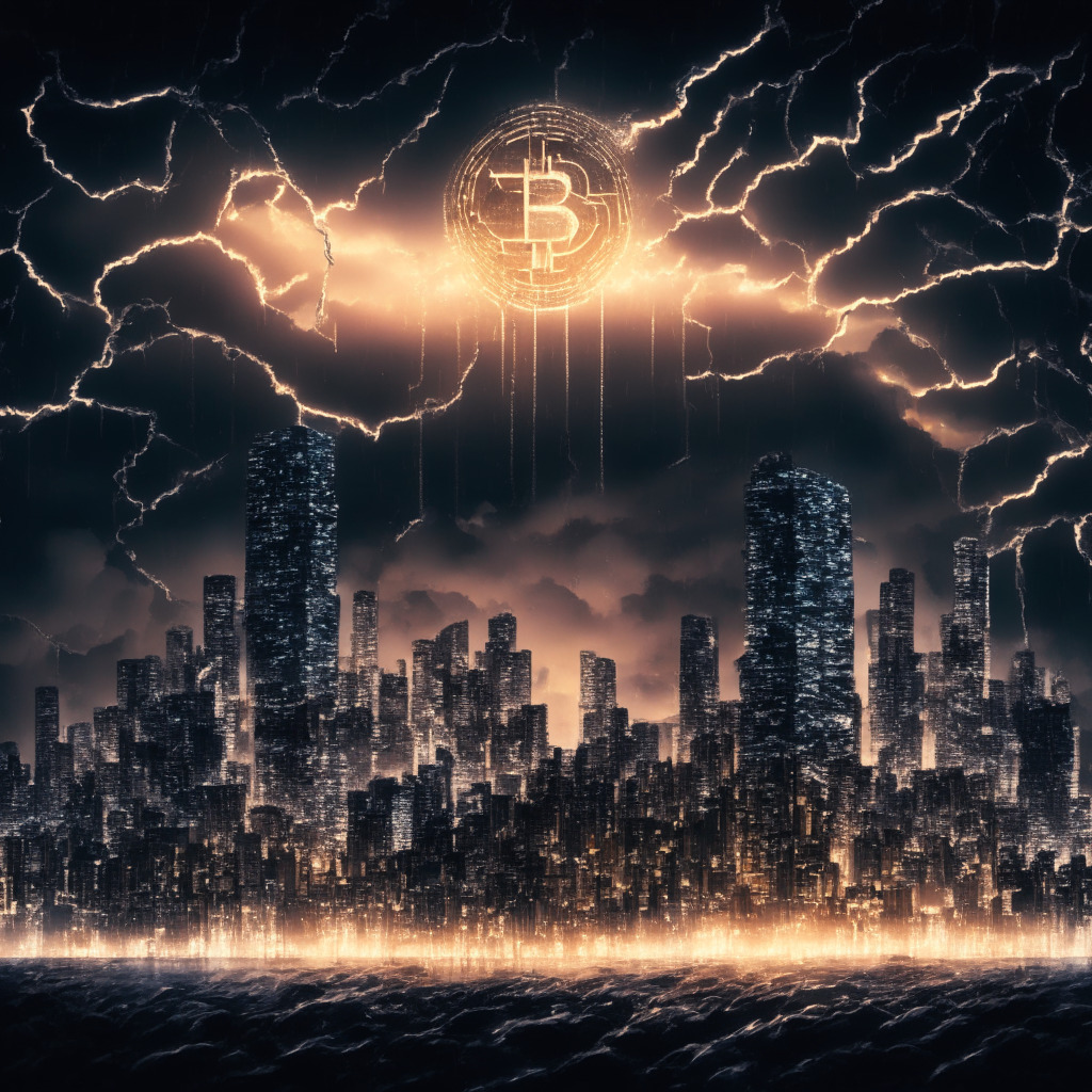 Depiction of a dramatic twilight scene over an Asian cityscape with illuminated skyscrapers, multifaceted blockchain chains glowing ethereally in the foreground symbolizing Multichain, their solidity shredded to highlight the disruption. Near them, a tarnished silver coin representing Binance teeters on the edge of a precipice, about to fall, echoing recent unsettling news. Distressed clouds overhead convey a mood of anxiety, concern, and uncertainty.