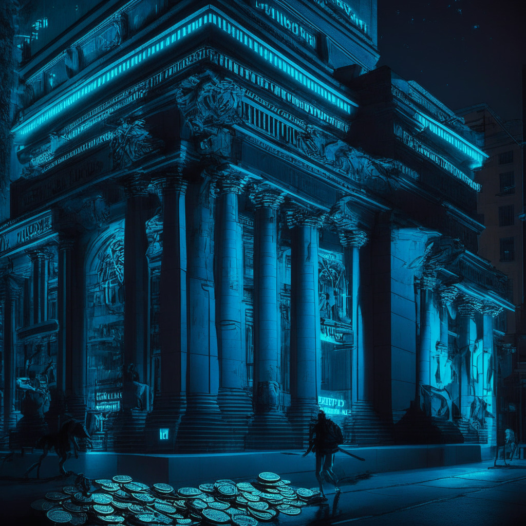 Nighttime in a bustling Australian city, futuristic style, heavy shadows mingle with neon lights. An imposing bank building casts a protective shadow over a swarm of coins, symbolising cryptocurrencies. Users attempt to transfer coins, but a wall, subtly bearing marks of scams, hinders progress. Mood is tense, an atmosphere of uncertainty prevails.
