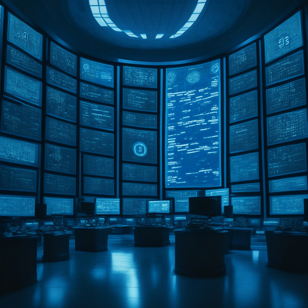 A grand, atmospheric trading room filled with screens displaying Bitcoin symbols, figures and speeches from Federal Reserve chair, lit by the soft, fluctuating glow of the monitors. The dominant color scheme is cool blues and silvers, representing the uncertain investment landscape. Bitcoin is forefront, standing monolith-like in an array of digital numbers, hinting at the game of anticipation and volatility. In the background, a US dollar bill looms, featuring a downward graph - a nod to the inverse correlation with Bitcoin. Strewn around are documents symbolizing regulatory changes in the crypto sphere.