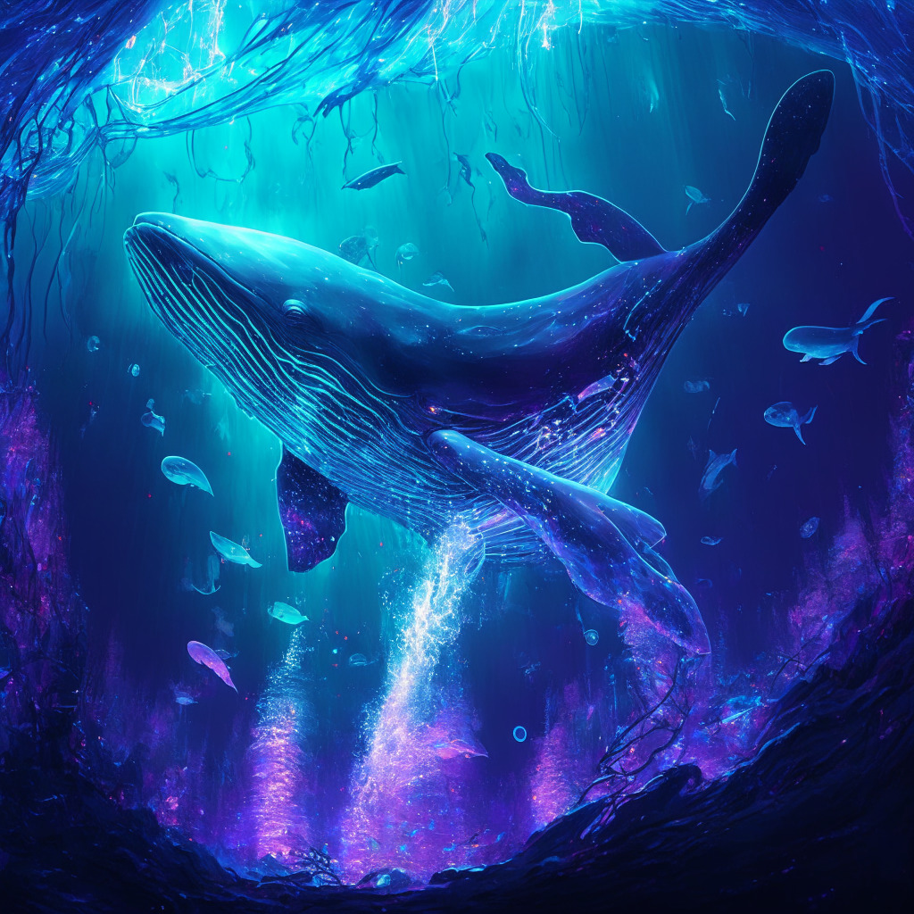 A treasure trove of dormant cryptocurrencies coming to life, A digital whale acquiring a massive amount of ETH, caught in an electric digital world that pulses with vibrant data streams, the air hanging heavy with surprise and intrigue in dramatic chiaroscuro lighting, capturing the volatile nature and immense potential of blockchain technology.