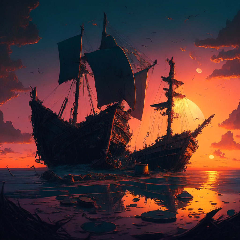A melancholic sunset over a crashed yacht symbolising Bored Ape Yacht Club, in the choppy ocean riddled with floating Ethereum coins, all in a classic Renaissance style. The overall tone should reflect the fallen value of NFTs, ensuring the atmosphere is hauntingly beautiful.