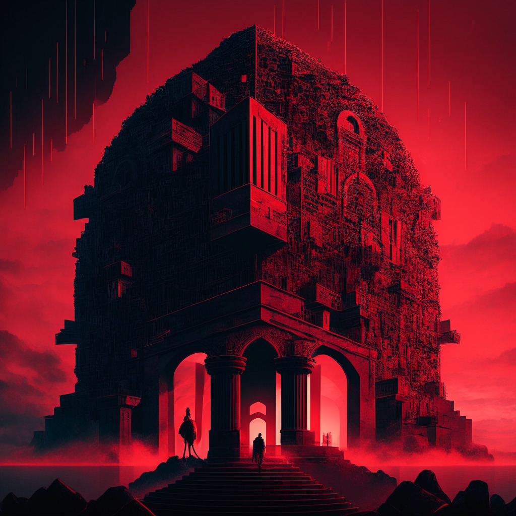 A cerebral scene where elements of digital finance merge in a fortress-like structure under the watchful gaze of an old-fashioned sentry, set in a twilight backdrop with cool tones, red highlights. The mood is tense, embodying the struggle between security and decentralization in the world of AI-generated digital currencies. The breathtaking architecture mirrors the process of securing CBDCs - formidable, intricate, layered.