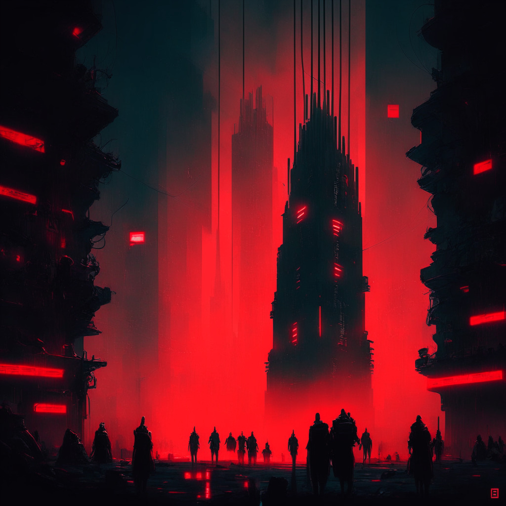 Dystopian cyberpunk cityscape with the beacon chain standing towering amidst, glowing with an ominous, pulsating red light indicating the 'panic' button. Dark contrasts with muted colors, reflecting the controversy and uncertainty. The mood is tense, hinting at a halt in the blockchain's continuous operation. A group of onlookers, displaying interest and skepticism, gather at the bottom.