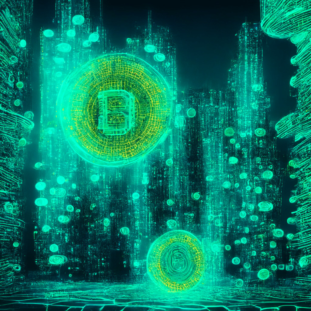 A vibrant, neon-lit blockchain matrix housing disks representing BTC20 tokens, illuminated under ethereal turquoise beams. Altering perception of time and space, tying notions of progressive thought, the disks yield luminous golden energy, evoking a sense of prosperous forthcomings. High-rise Ethereum-esque structures loom on the periphery, draped in an emerald glow to signify its eco-friendly undertones. A ballooning trend graph soars skyward, embodying the token’s competitive rise against a backdrop of softly tapered constellations to suggest cosmic potential. A palpable energy, silver-tinted anxieties of potentially explosive launch simmer amongst the serene landscape. Mood: A mix of surreal tension and futuristic optimism.