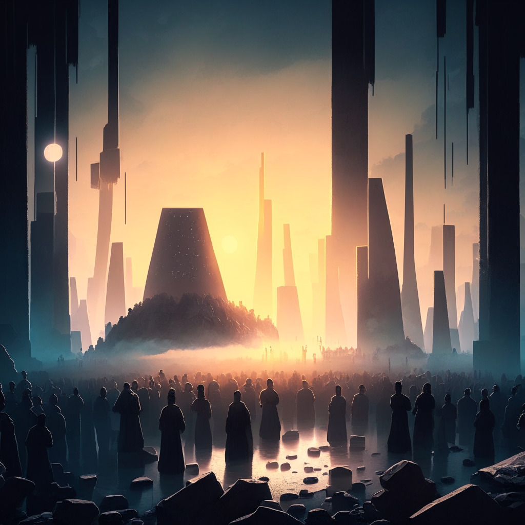 A digital cryptocurrency scene at dawn, representing the hopeful rise of the new Ethereum-based coin, BTC20. The atmosphere is charged with anticipation and unbridled potential, underpinned by a steady calm of trusting in the innovative tokenomics adapted from Bitcoin. In the foreground, investors stand as patient, monolith-like structures, expectantly holding large, luminescent tokens of BTC20, signifying its appeal and possible benefits. The backdrop reveals the Ethereum logo subtly embedded into the fiber of the environ, representing the underlying technology. The landscape teems with energy-efficient machinery denoting the coin's eco-friendly attribute, and the tucked away setting hints at untapped potential in the DeFi space. All captured in a vibrant, optimistic artistic palette, with hints of caution peeking through.