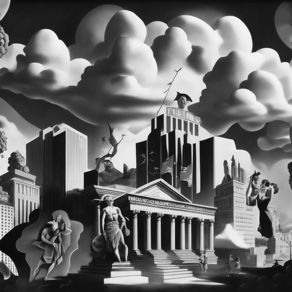 A surrealist financial landscape featuring classic and futuristic elements. Traditional finance represented by edifices with NASDAQ, Citigroup in grayscale, demonstrating hesitance. In contrast, radiant structures depicting Societe Generale, Schroders imply progress in vibrant colors. Half the sky cast under a menacing cloud depicting SEC scrutiny, the other bathed in warm, welcoming EU glow signifying MiCA bill acceptance. Reflect an atmosphere of uncertainty, but with glimmers of optimism.