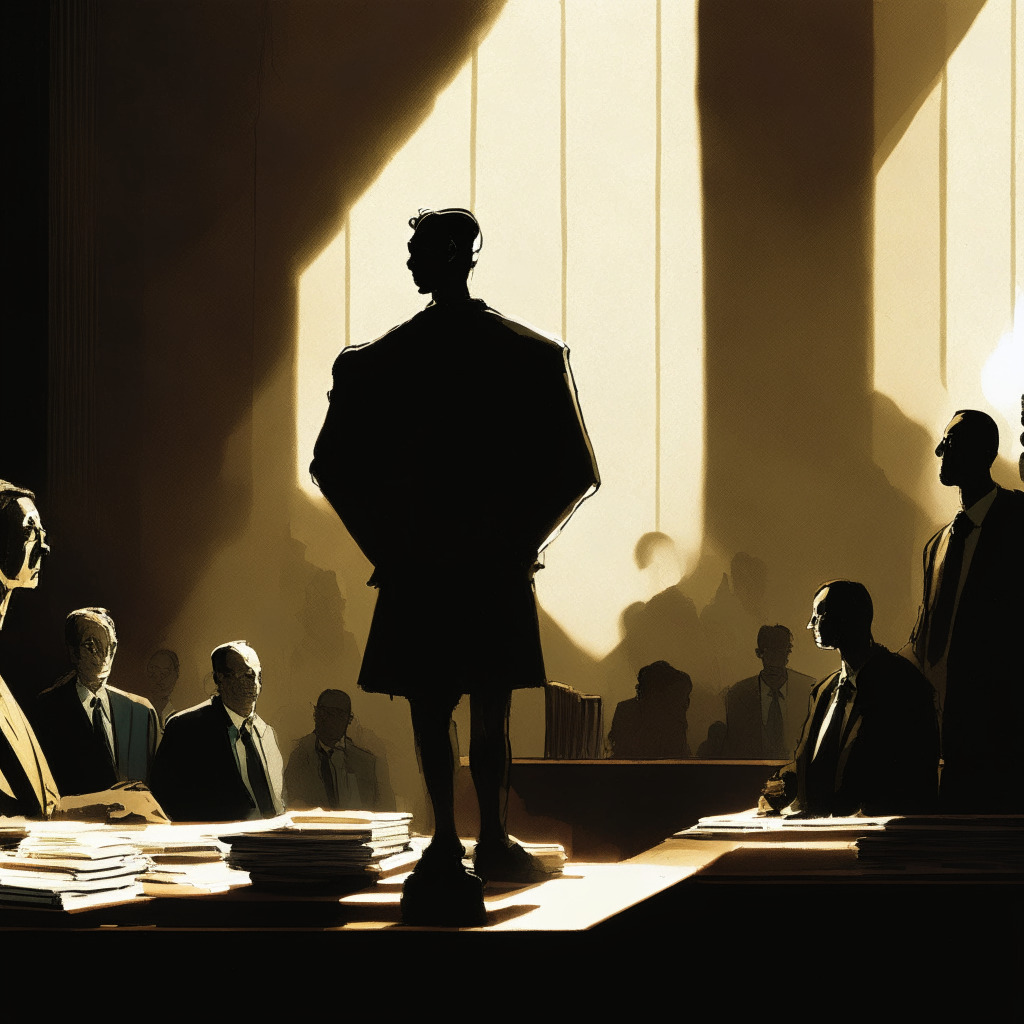A courtroom scene bathed in warm, early evening light, with strong shadows cast on the faces of the figures. Sam Bankman-Fried, in a confident stance, stands on the left while a judge sits in the distance, thoughtful. On the right, a digital representation of the 'Lazarus Group' lurks in dramatic chiaroscuro, symbolizing shadowy crypto thefts. The mood is tense yet victorious, reflecting a blend of triumph and failure.
