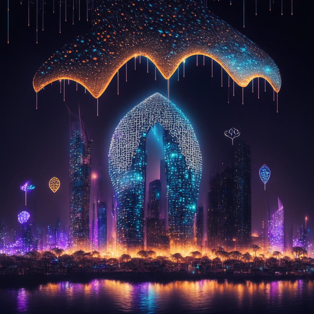 Nighttime view of a digital cityscape in Abu Dhabi, adorned with the dazzling glow of cryptocurrency symbols, projecting an aura of optimism and legitimacy. A cocoon, radiating with vibrant patterns of the blockchain, opens to reveal rain-doused tokens, symbol of growth and resilience. Style: Surrealistic, Mood: Triumphant, Hopeful, Light: Glowing neon hues.