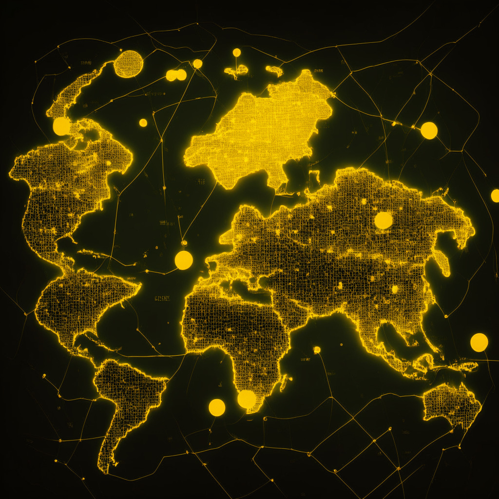 An abstract representation of a global digital landscape, punctuated by glowing nodes symbolizing Hong Kong, the UK, and European Union territories. A large, dominant atlas represents Bakkt amidst a murky regulatory cloud, with its edges fading into codes symbolizing cryptocurrencies. The scene is bathed in dim, cautionary yellow light, embodying the underlying tension and hopeful undertones. The style replicates the uncertainty and complexity of a regulatory labyrinth. An air of change and innovation permeates, indicating exploration in a crypto-economic wilderness.