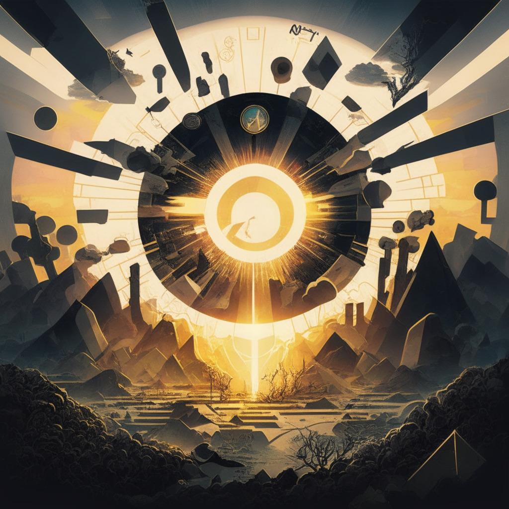 A surreal digital landscape representing descent into complex layers of crypto-security, stark light-shadow interplay outlining prominent heists counterbalanced by fortification symbols. The scene merges chaos with tranquility, revealing a daring story of resilience. In the foreground, a ticking time bomb reflects the perpetual threat, while a rising sun symbolizes hope and evolution.