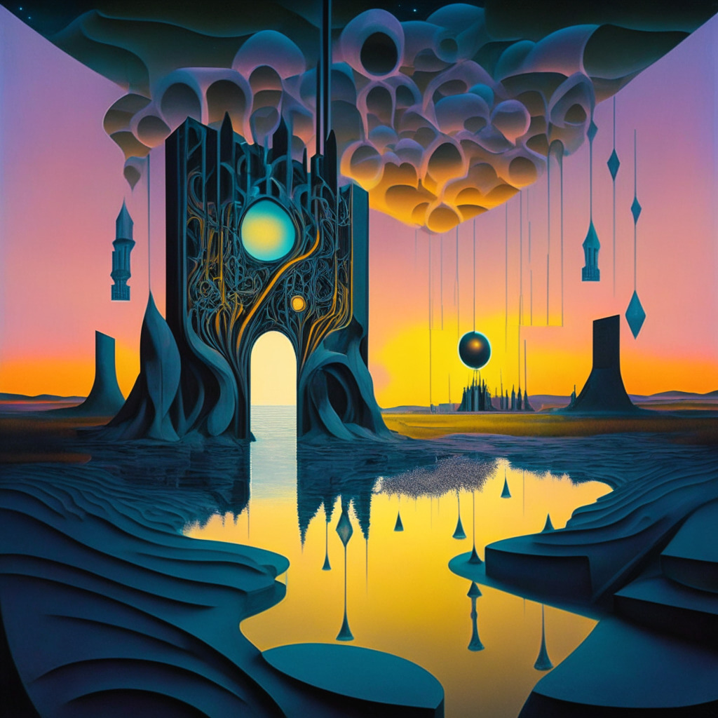 A digital landscape representing Belarus juxtaposed with symbolic elements of crypto regulation, executed in a surrealist art style. The image is illuminated in a soft, twilight glow, suggesting uncertainty. Half of the scene is vibrant, embodying fluidity and growth, representing innovation. The other half is rigid, with structures akin to barriers and locks, symbolizing oversight and restriction. The overall mood is a powerful blend of intrigue and tension.