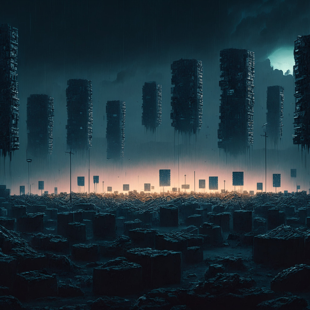 Dystopian scene with a colossal disproportionally large bitcoin mining farm, dwarfing tiny miners, symbolising dominant centralization over the minority. Illustrate in cyberpunk style, with somber dusk lighting, revealing an oligarchic power balance. Mood: struggling hope among despair, depicting the dichotomy of decentralization and centralization. Integrate a faint image of scales tipping, signifying the need for fairness.