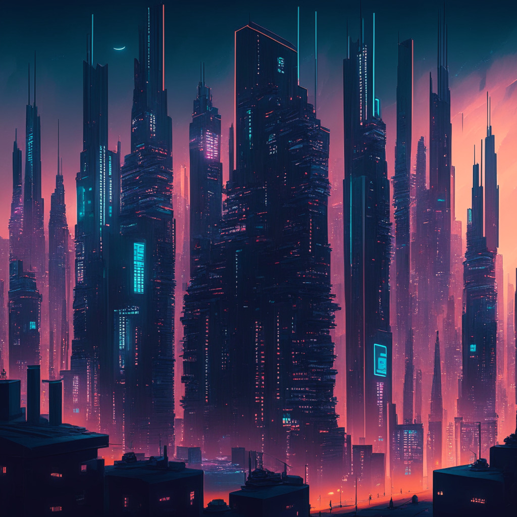 A futuristic cityscape bathed in twilight hues, with tall buildings symbolizing traditional financial institutions, and intricate blockchain patterns illuminating the skyline as digital currencies. The city is divided, showing the conflict between the old and new systems. Various pathways hint at the quest for regulatory balance. Mood: optimistically tense.