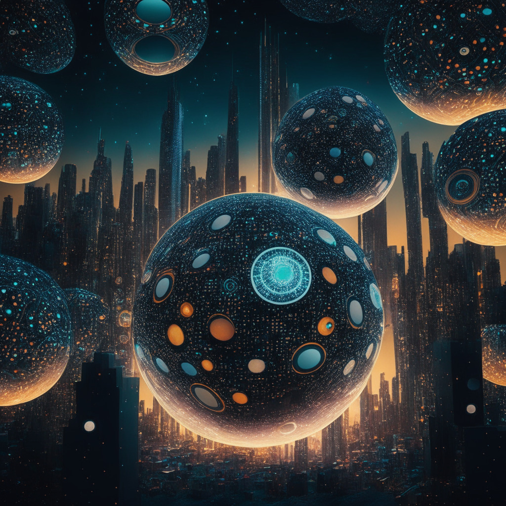 A futuristic cityscape under twilight, littered with globular machines, called Orbs, placed against the backdrop of a glowing blockchain pattern in the vast cosmos. The Orbs, depicting a variety of human eye scans, representing the dichotomy between anonymity and identification. The artwork should emanate tension between privacy, security, and accessibility, invoking a sense of uncertainty and intrigue.