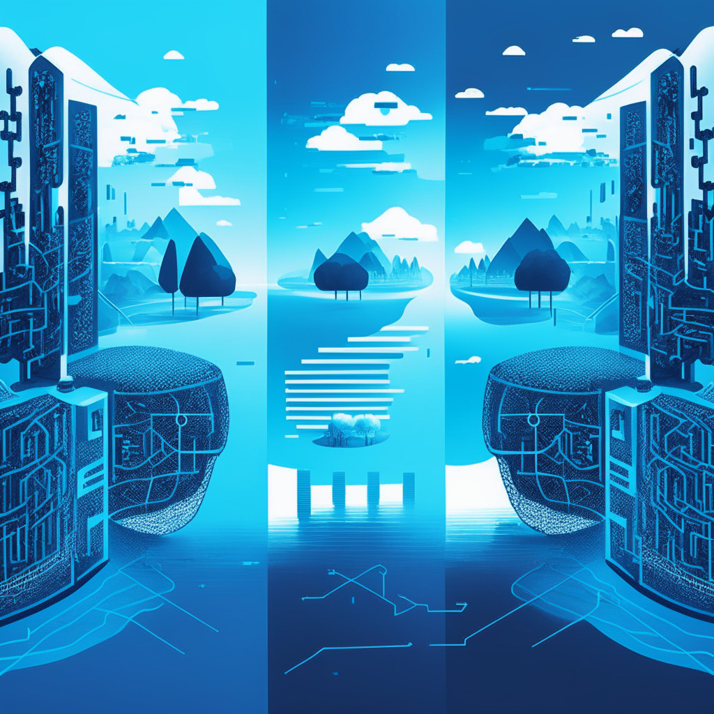 A digital landscape representing a balancing act in a DeFi protocol infrastructure, divided in two halves. The left side depicts a serene, secure setting with robust locks and shields, while the right side illustrates a dynamic, easy-to-navigate user interface. The dividing line balances a symbol of decentralization. The scene has a futuristic touch, with hues of blue, representing the calm before a potential storm, under a dim, ominous lighting.