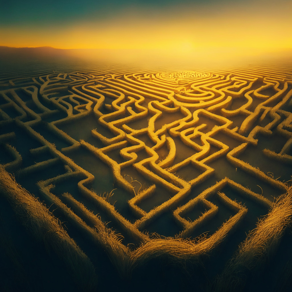 Aerial view of an intricate maze on a wide grass field, one end clouded in fog signaling a potential $25k abyss, the other end awash in golden sunrise hinting a $29k dawn. The artistic style is reminiscent of surrealism, capturing the uncertainty and mysticism surrounding Bitcoin's market movement. Light should be dichotic - fading darkness blending into breaking dawn, representing volatility and hope. The mood needs to be tense, yet anticipatory.