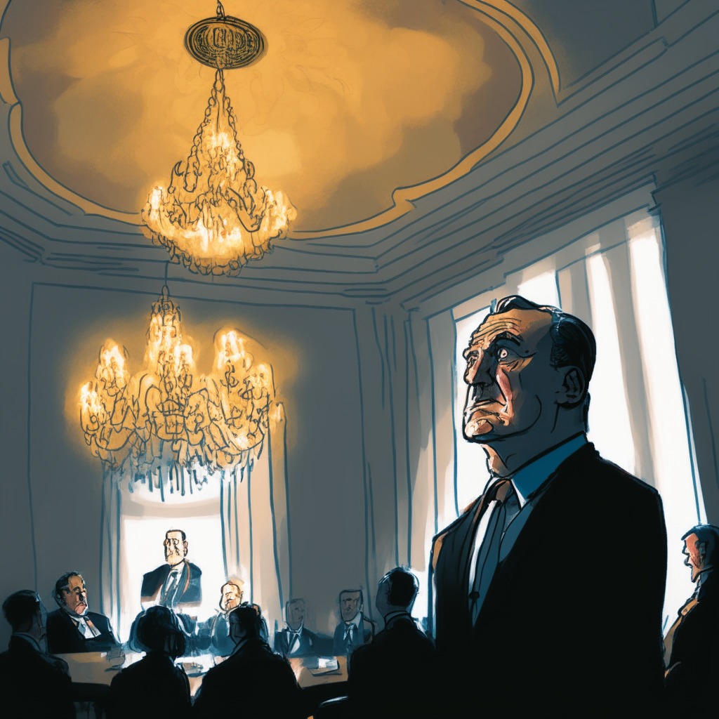 An expressive interpretation of Governor Andrew Bailey in a grand meeting room, making skeptical remarks about the crypto-verse, focusing on Bitcoins and stablecoins. Use a cool color palette for implicit uncertainty, contrasting with warm light from an overhead chandelier to signify the contentious nature of the topic. Display notable doubt in facial expressions and body language, balanced with glimmers of potential in the corner - suggestions of alternate 'enhanced' digital money forms, represented by abstract shapes glowing with possible promise. Capture the mood as serious, reflective, with a hint of anticipation.