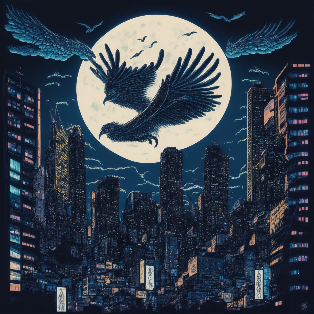 A moonlit night over Tokyo, with a hawk soaring high above skyscrapers, holding a symbol of Bitcoin in its talons. The city is abuzz with neon signs and fast-paced life. A massive wave, signifying the surge in liquidity, threatens to engulf the tranquil city skyline. Artistic style reminiscent of Ukiyo-e prints, imbuing a sense of looming uncertainty.
