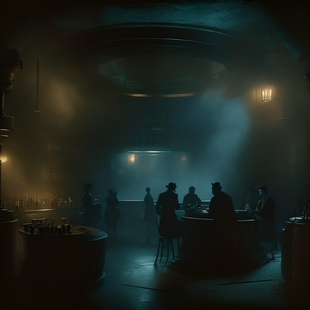 A dimly lit, smoky bar, with people engrossed in hushed whispers. A monumental bank vault door in the background symbolizing Bank of America, whereas a futuristic, transparent cyberspace dome symbolizing Coinbase placed on a table. Exuding tension, anxiety, and a hint of rebellion, painted in a Film Noir style.