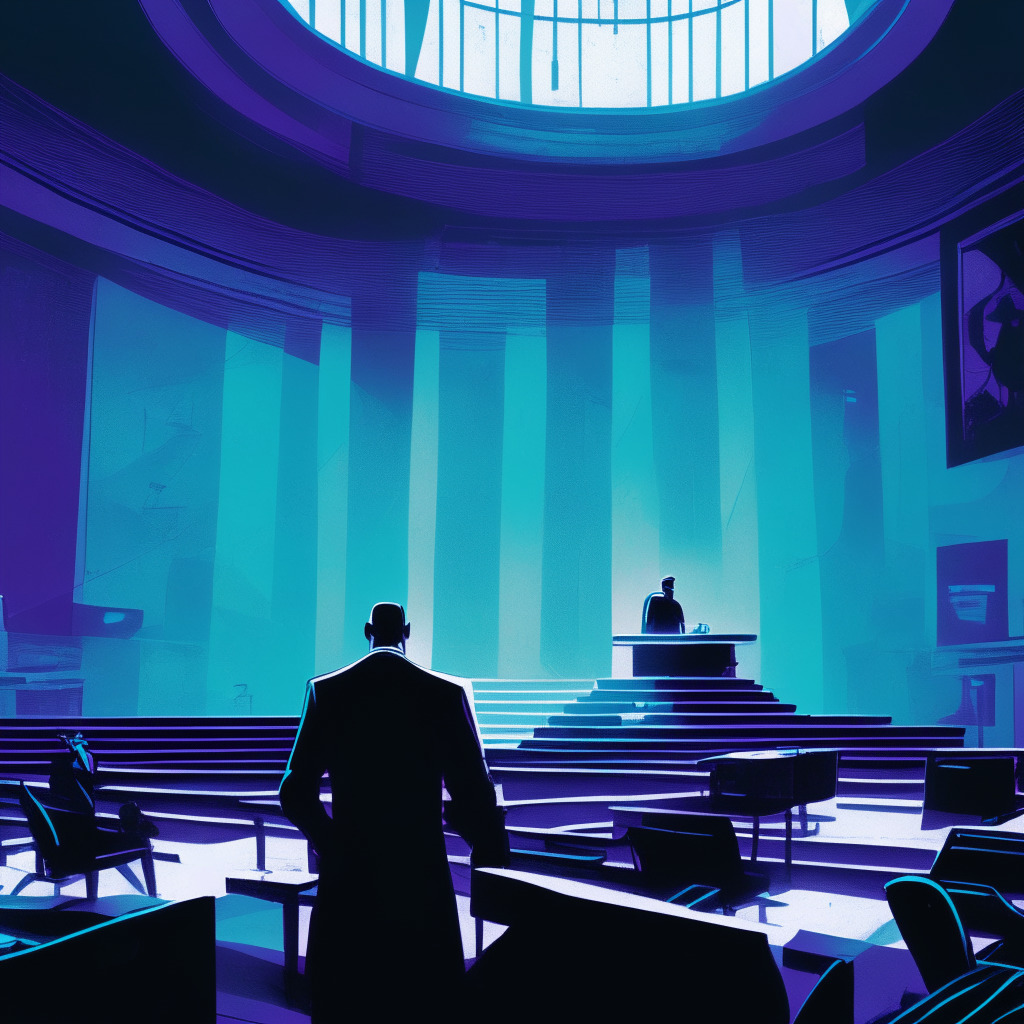 Figure in a courtroom setting surrounded by digitized, looming shadows representing Crypto companies. The dominant theme runs in shades of blues and purples, depicting a tense and competitive atmosphere. The scene captures the fintech world embroiled in bankruptcy battles infused with a futuristic noir style capturing dawn breaking, signaling the start of a new legal day. The image maintains undertones of volatility, conflict, and resolution.