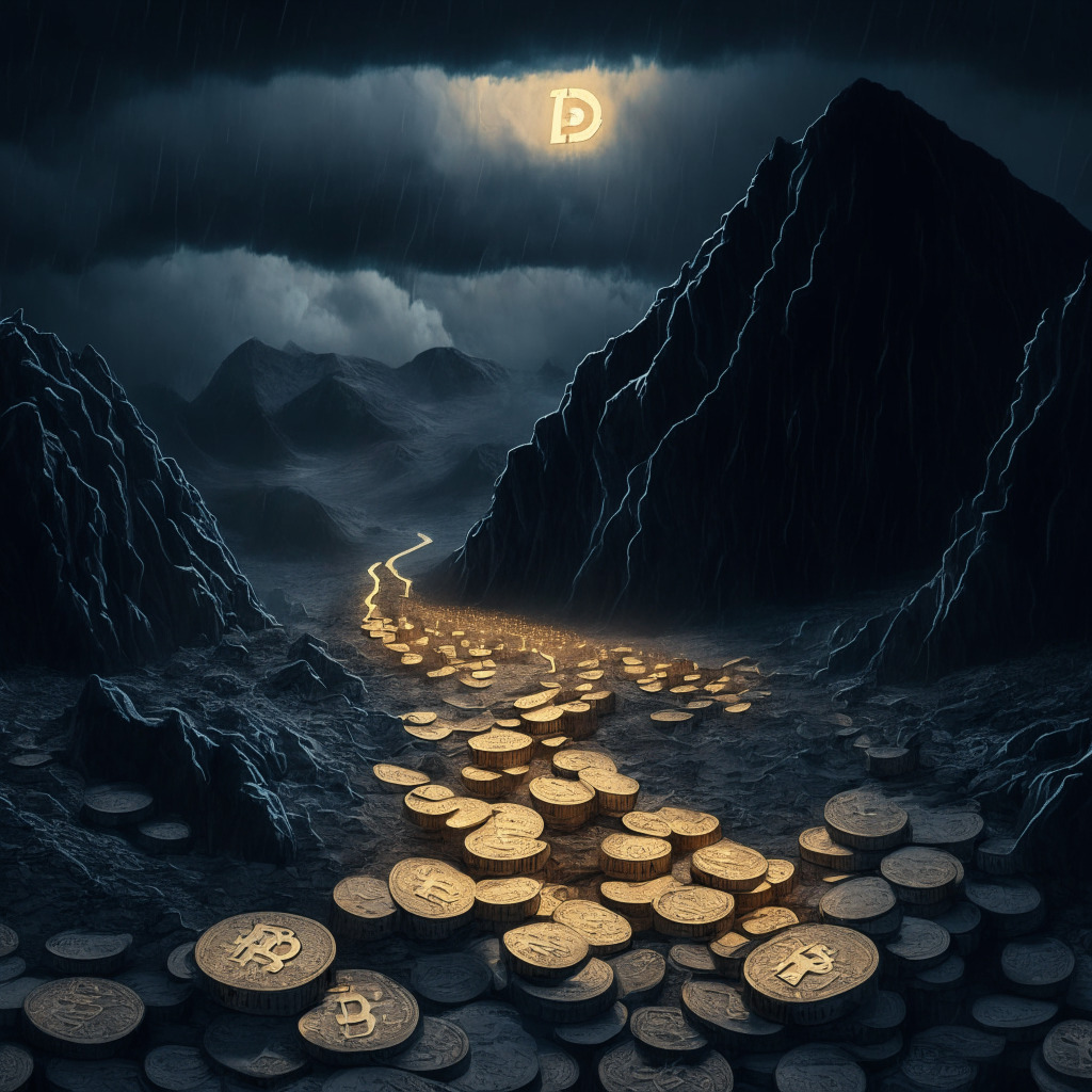 A metaphorical digital valley in low light that represents a struggling crypto lender, the valley floor is filled with stacks of bitcoins and ethers, showing the scale of debt. There's a steep, rugged, path symbolizing 'rug pull', lined with legal documents. A bleak, stormy sky overhead suggests uncertainty, projects Bitcoin and Ether as twin moons casting the only tepid glimmer of hope. Reflect the sense of 'all-or-nothing' gamble with an artistic hint of renaissance style suspense, and an overall melancholic mood.