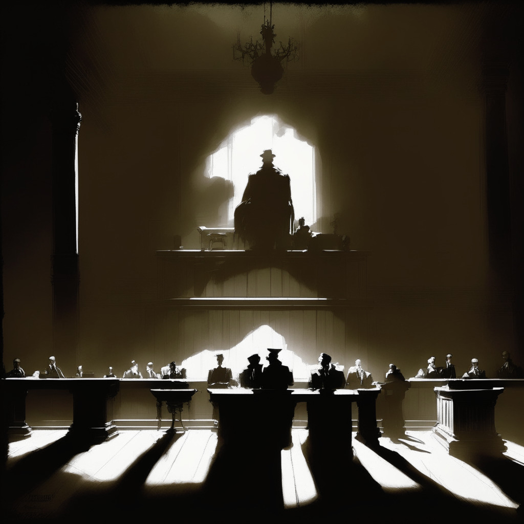 Depict a dimly lit courtroom, further enveloped in an air of high-stakes tension, hosting a silhouette of human figures suggestive of the main personalities, their shadows stretching across a wooden-panelled floor towards a towering judge’s seat. Infuse the style of chiaroscuro, intensifying the contrasting light and shadow to echo underlying turmoil and uncertainty. The decor should suggest ostentatious wealth, indicative of ill-gotten gains, include symbolic representation of a cryptocurrency token and a small model of an island, suggesting unfulfilled eccentric ambitions. To hint at manipulations, use visual distortion like a funhouse mirror effect on the tokens and island. Capture the overall mood as somber, suspenseful, stirring contemplation of the boundary between white-collar crime and ethical entrepreneurship in the cryptorealm.