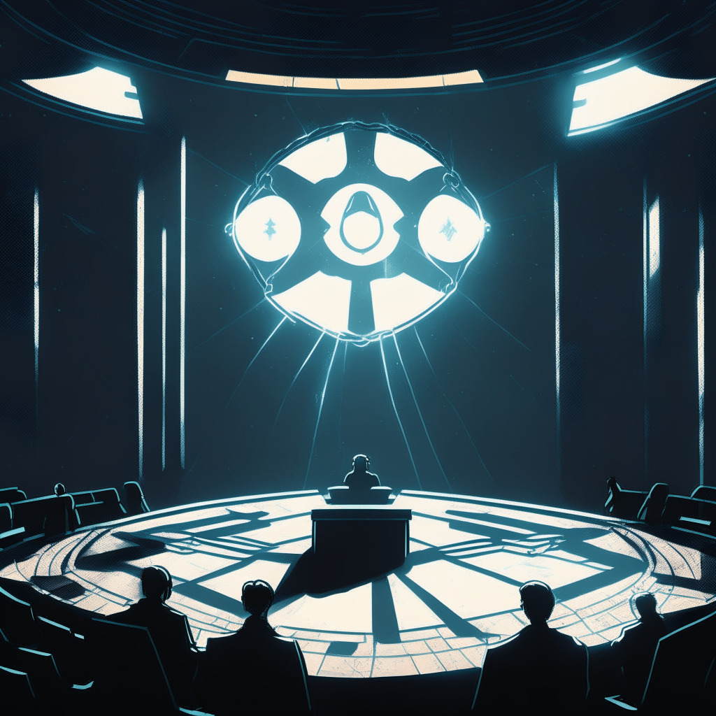 A gloomy courtroom with a cosmic blockchain pattern displayed on a large screen, hinting a bankruptcy hearing. Two shadowy figures representing FTX and Genesis at a negotiating table. Light enters dramatically from a single window, an aura of both tension and resolution in the air. Scene should convey ambiguity matched with a glimmer of hope towards stronger crypto regulations.