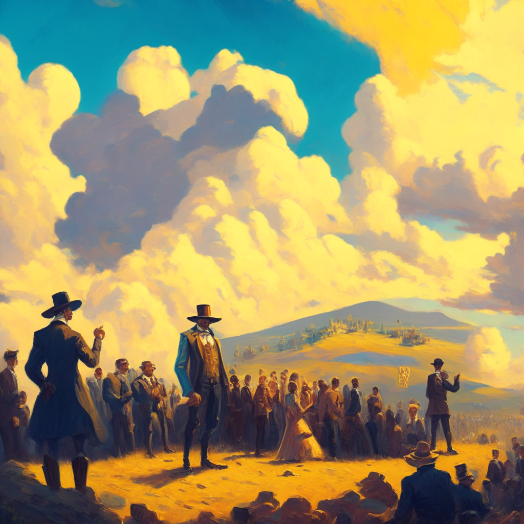 A Victorian style painting depicting a lively cryptocurrency market with dynamic traders, a figure symbolizing Coinbase thriving amongst them under a radiant sun. The Barclays figure on a distant hill shows concern, under cloudy, ominous skies. Apply an impressionist style, warm colours for Coinbase, cool tones for Barclays, conveying contrasts in mood and perspectives.