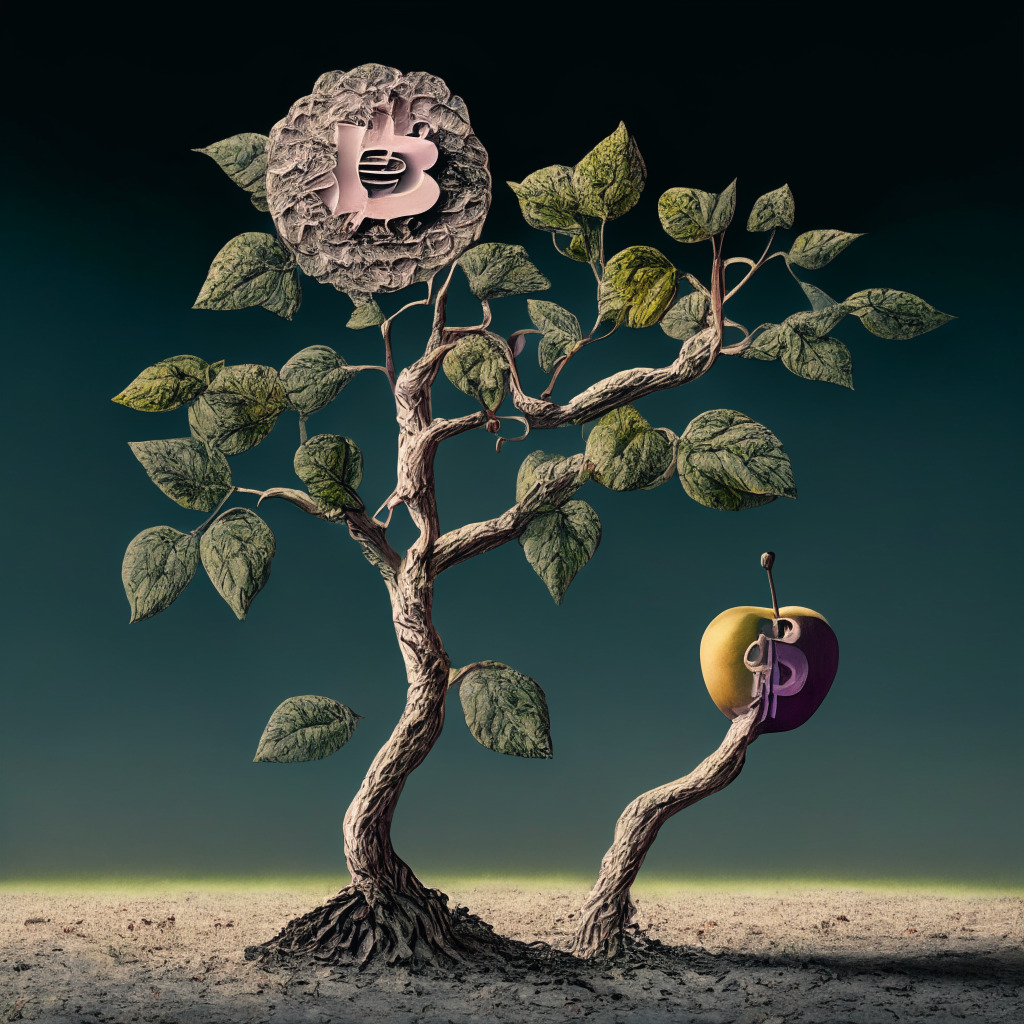 A modern David vs Goliath battle scene, where an authoritative Apple tree restricts an innovative Bitcoin flower showcasing Damus. Use analogous subtlety, cast in soft twilight hues for reflective mood. Infuse characteristic defiance by rendering the Bitcoin flower partially wilting but producing resilient offshoots, signifying emergence of Zapple Pay.