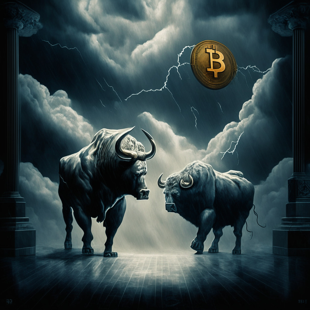 A surrealist representation of a bull and a bear locked in a standoff, symbolizing the volatile nature of Bitcoin with a barometer displaying fluctuating prices. An image of digital currency weathers a storm in the cloudy background, capturing a mood of uncertainty, highlighting chiaroscuro light setting for dramatic contrast. Artistic style following the aesthetic of Salvador Dali to emphasize the surreal.