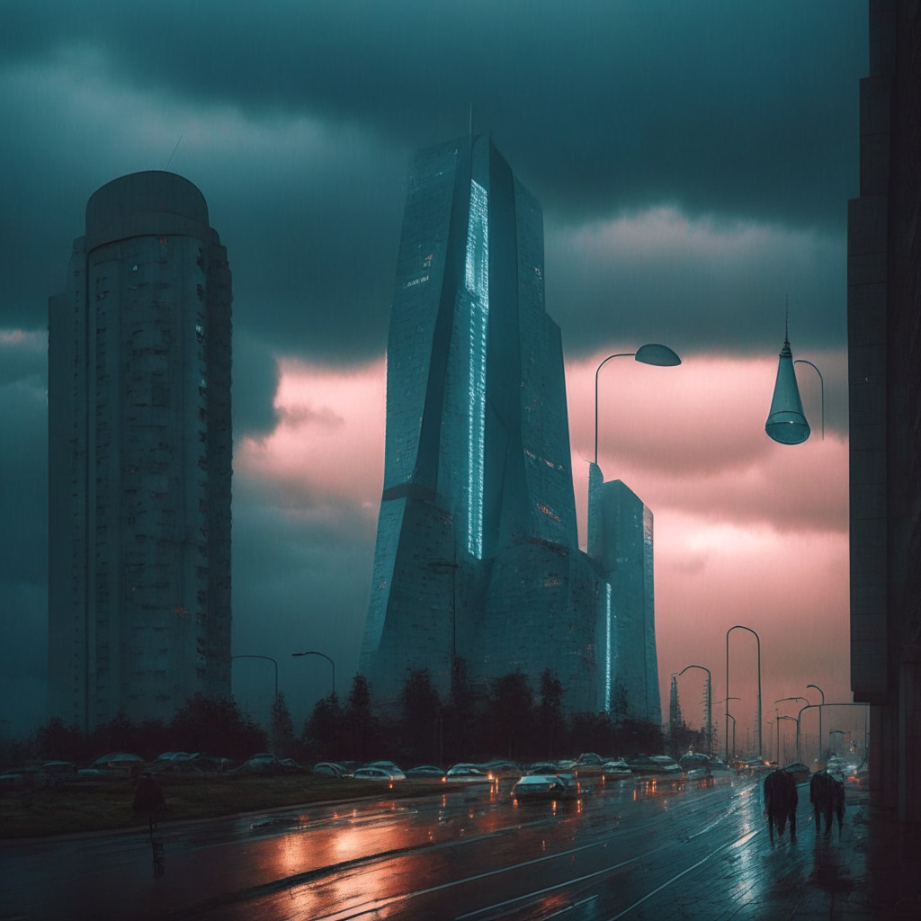 A dystopian cityscape of Minsk teeming with high-tech architecture under gloomy skies, Belarusian people seen trading crypto through government-sanctioned platforms, the decisive flicker of holographic cryptocurrencies dynamically moving, reflecting Belarus's mixed stance on crypto regulations. Contrasting light illuminates stringent control versus appealing incentives, influencing a somber yet hopeful mood.