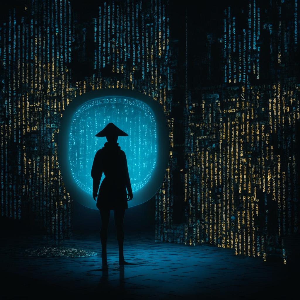 An eerie crypto-noir digital playground at dusk, covered in shadows. Foreground: A mysterious figure posing as an authentic contact, symbolizing cyber deception. Background: Holographic emails and texts, signifying online communication. Central theme: a golden protective shield to represent robust security measures. Mood: Tense, cautionary.