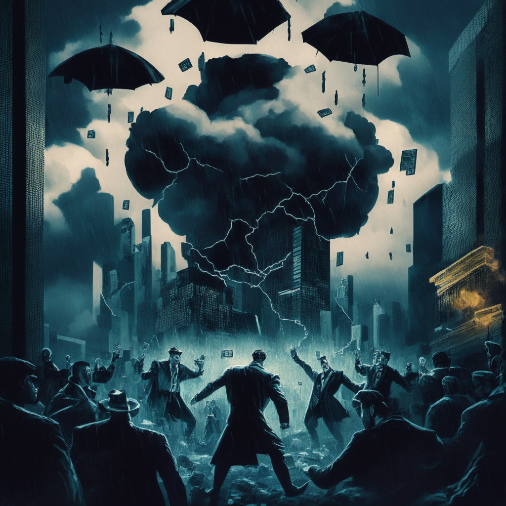 A Noir-style cryptocurrency market with a pit of cockfighting in the middle, under a stormy and suspicious sky, with illusionary tokens rising dramatically like a skyscraper. Background is a hologram of fluctuating ROI stats, illuminated by dubious Wall Street memes. Mood is intense, cautionary, and risky, with a blend of excitement and looming danger.