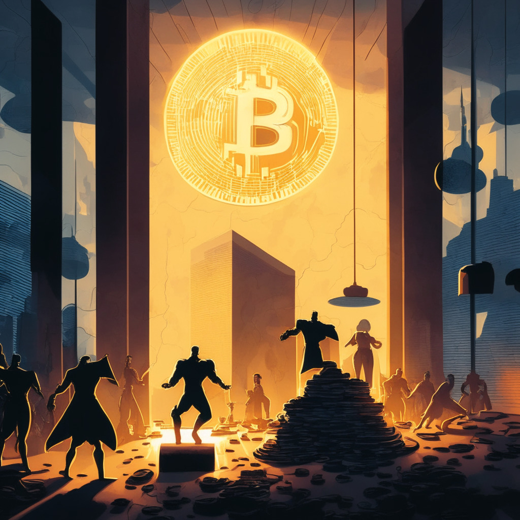 A dramatic dusk lit scene with the emblematic scales of justice weighed against a bright and hovering Bitcoin. A sleek office setting in the backdrop with abstract figures representing regulators in darker shades, a sequence unfolding as a potential raid. In contrast, light-themed figures depicting Binance, showing eagerness to cooperate but caught in the center, torn between rules and innovation. The overall mood is tense, anxious, yet promising, painted in a suspenseful noir art-style.