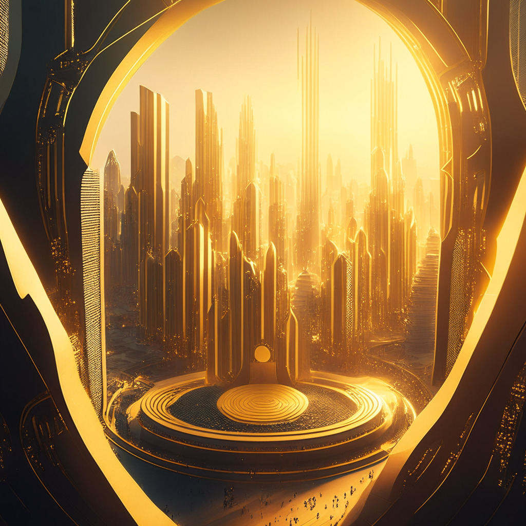 A futuristic cityscape bathed in radiant evening light, symbolic of Radiant Capital's influence on DeFi. Center stage, a majestic golden vault symbolizes the substantial investment. Integrating numerous blockchains, portrayed as intertwining paths merging towards the vault. The atmosphere is hopeful but carries undertones of potential risk. Open avenues represent expansion plans, while shadows hint vulnerability to setbacks.