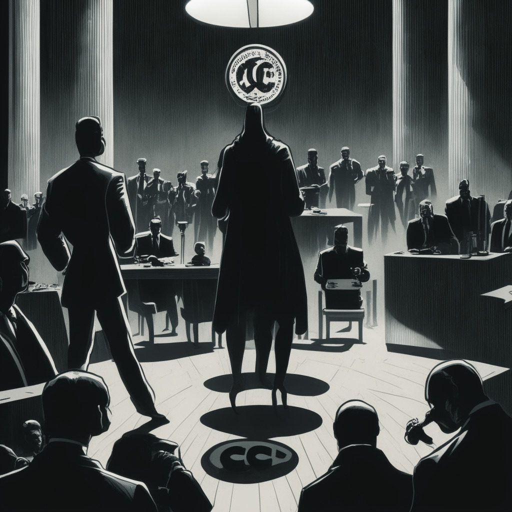 A noir-style court scene with shadows cloaking figures, portraying the tension between innovation and regulation: figures clutching onto files labeled 'cryptocurrencies', 'blockchain', 'innovation' opposite figures brandishing badges labeled 'CFTC', 'regulation'. In the middle, one figure, isolated yet defiant, poised to approach a judge's gavel.