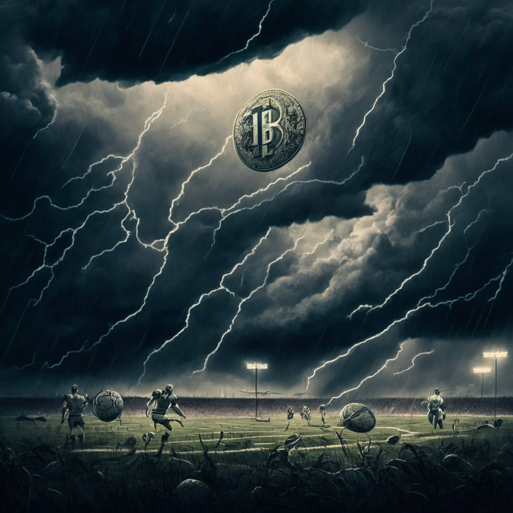 A surreal scene where digital currency icons and traditional football symbols float amidst a stormy sky over a football field, rendered in 19th-century romanticism style, with intense, dramatic lighting. The atmosphere is fraught with tension, showing the uneasy relationship between crypto and sports, the promise of partnership-turned-confrontation.